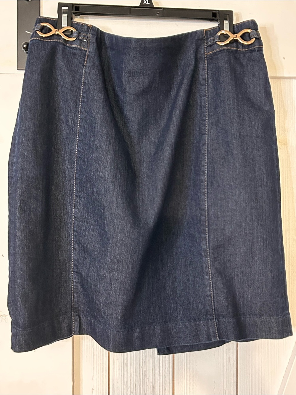 Ellen Tracy Dark Blue Denim A-Line Skirt with Gold Tone Accents